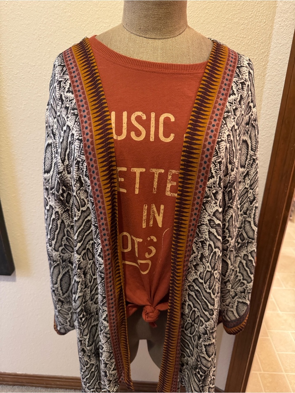 Black & White Snake Print Open Kimono with Burnt Orange Trim